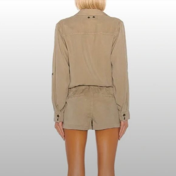 Pam & Gela Womens Long Sleeve Utility Romper Drawstring Waist Medium Lyocell Bei - Picture 2 of 11